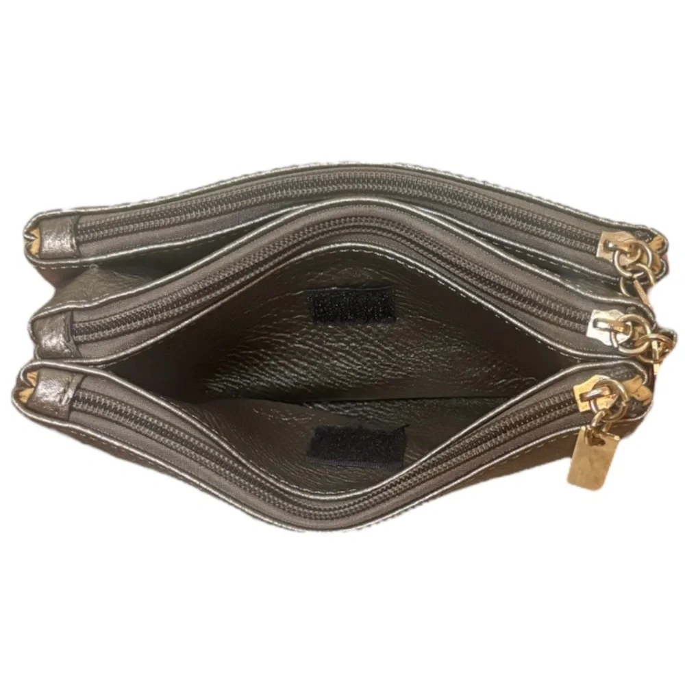 Michael Kors Crossbody Wristlet Metallic Multi Compartments Pewter Silver Gold